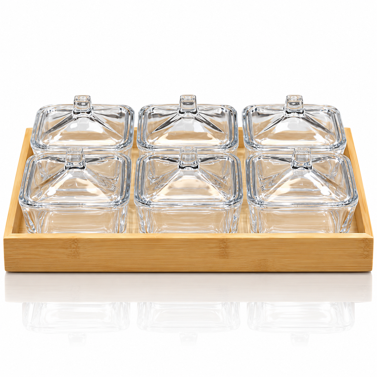 B-508 bamboo tray with 6 lidded glass serving dishes on white