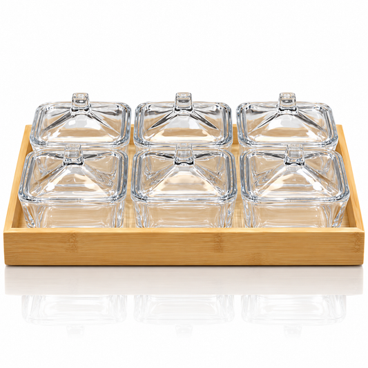 B-508 bamboo tray with 6 lidded glass serving dishes on white