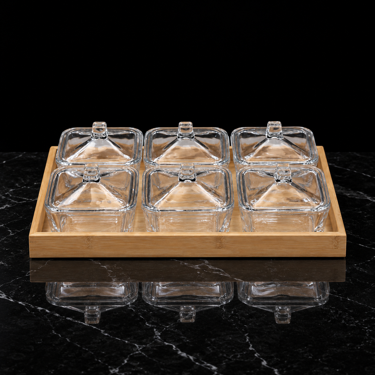 B-508 glass serving dish set on black marble