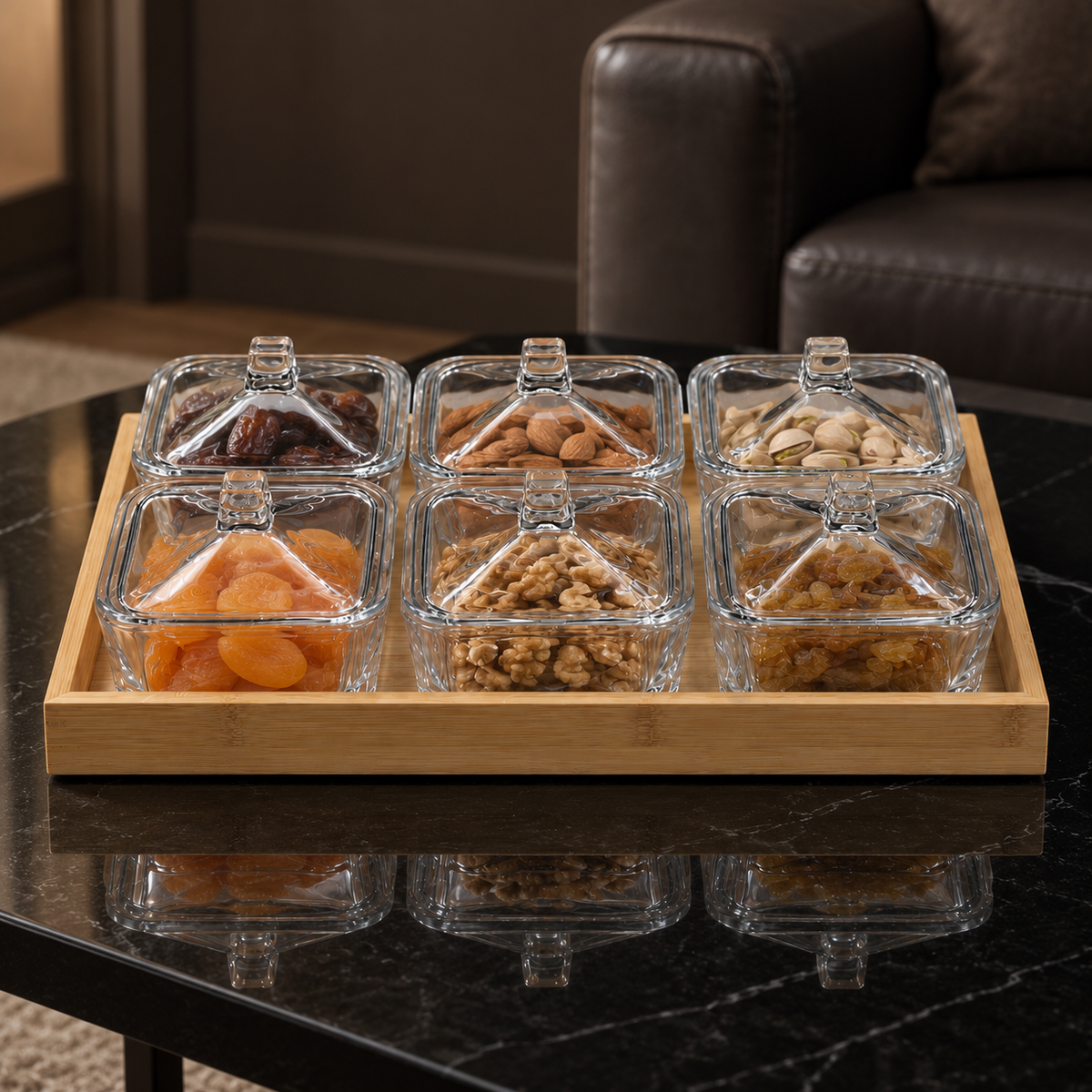 B-508 serving set with dried fruits and nuts in a living room setting