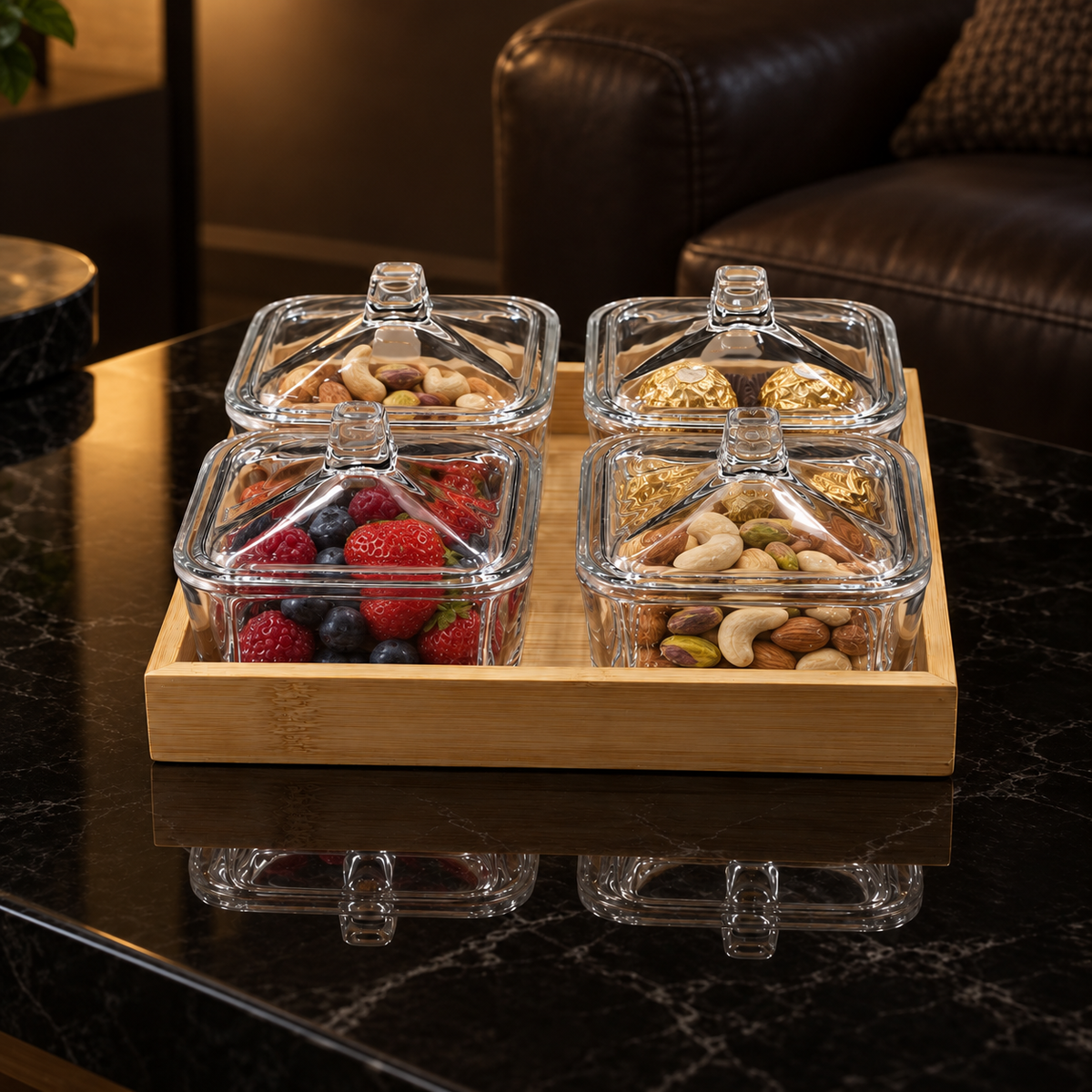 Glass serving dishes with nuts, berries and chocolates in a living room
