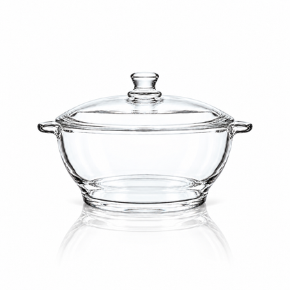 Tempered glass casserole with lid on white marble