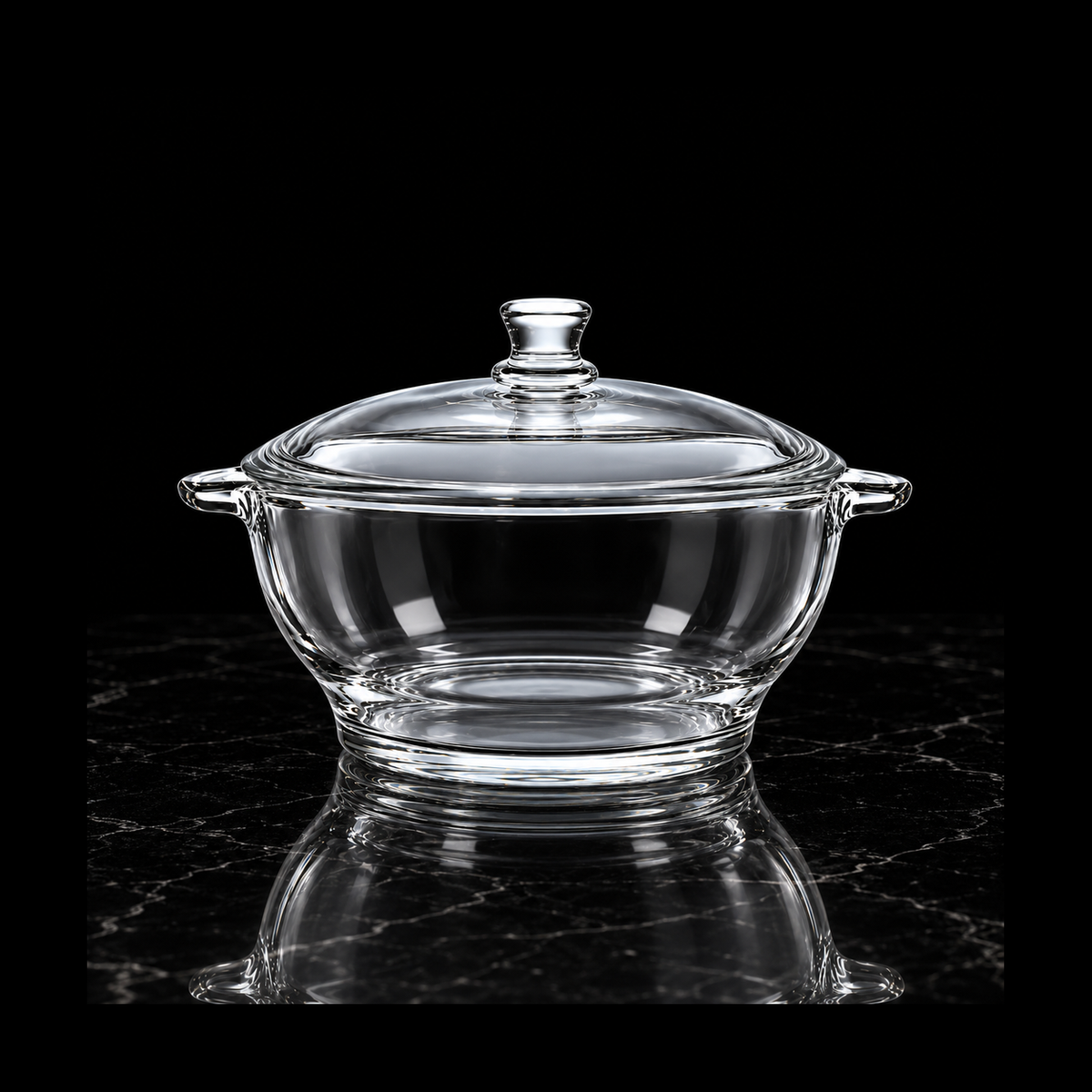 Glass casserole on black marble