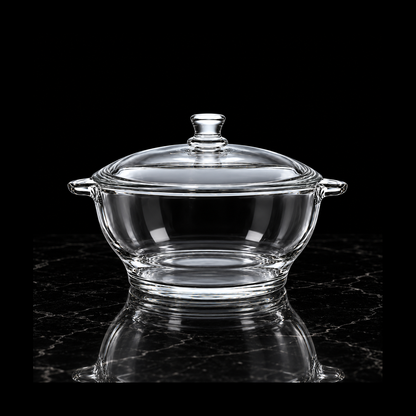 Glass casserole on black marble