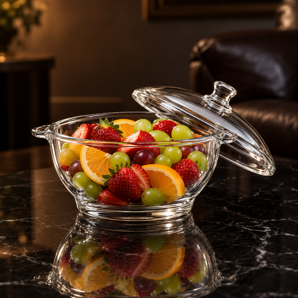 Glass casserole with fruit salad in a living room