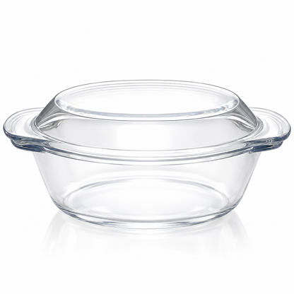 Tempered glass casserole with lid on white
