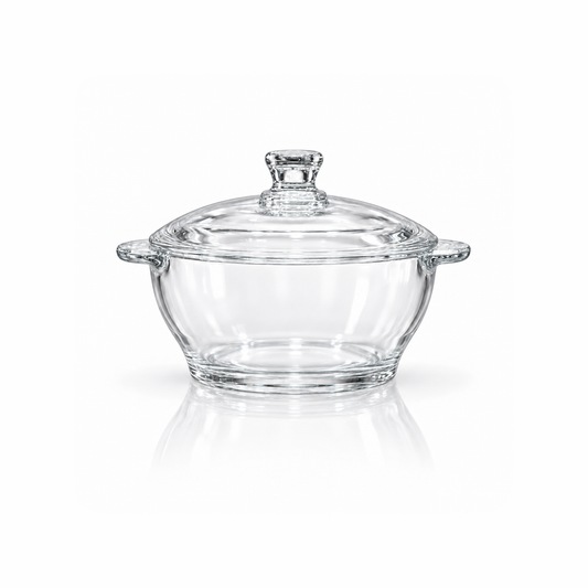 Tempered glass casserole with lid on white