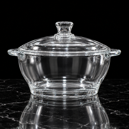 Glass casserole with lid on black marble