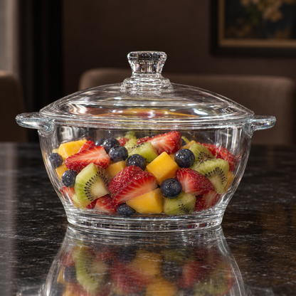 Glass casserole filled with fruit salad on a dining table