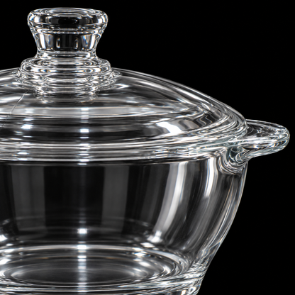 Close-up of glass casserole lid knob and handle