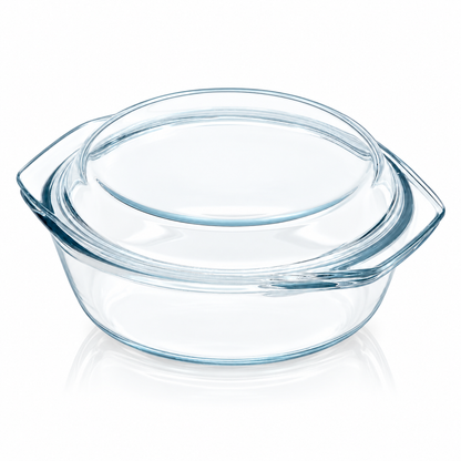Tempered glass casserole with lid on white