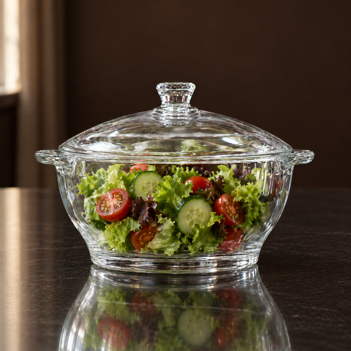 Glass casserole filled with fresh salad on a dining table