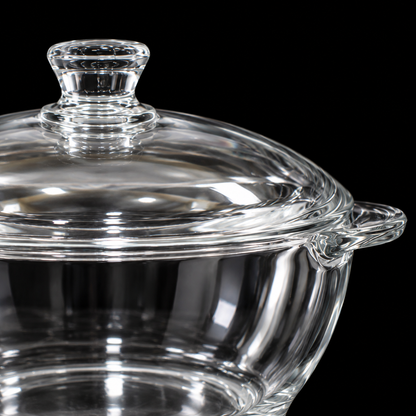 Close-up of glass casserole lid knob and handle