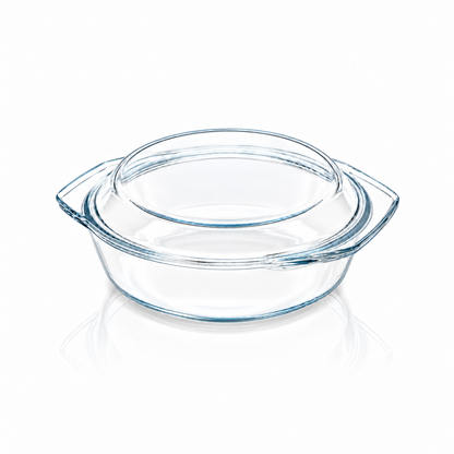 Tempered glass casserole with lid on white