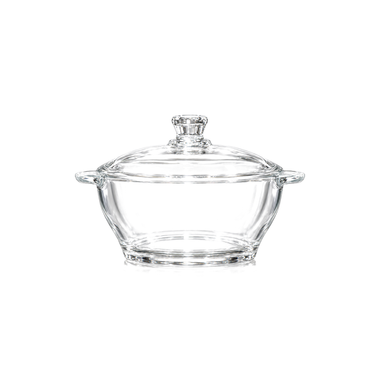 Tempered glass casserole with lid on white