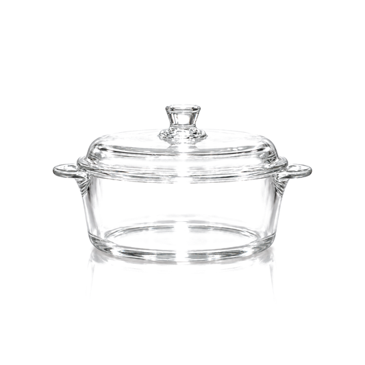Tempered glass casserole with lid on white
