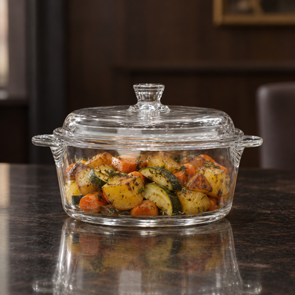 Glass casserole with roasted vegetables on a dining table