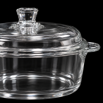 Close-up of glass casserole lid knob and handle