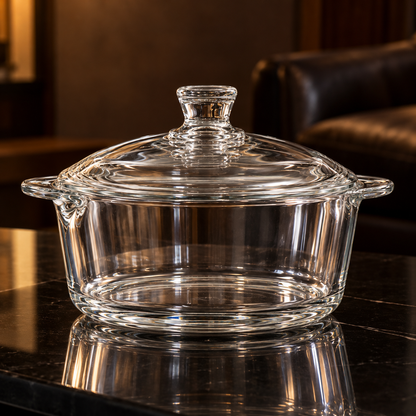 Tempered glass casserole with lid in a living room