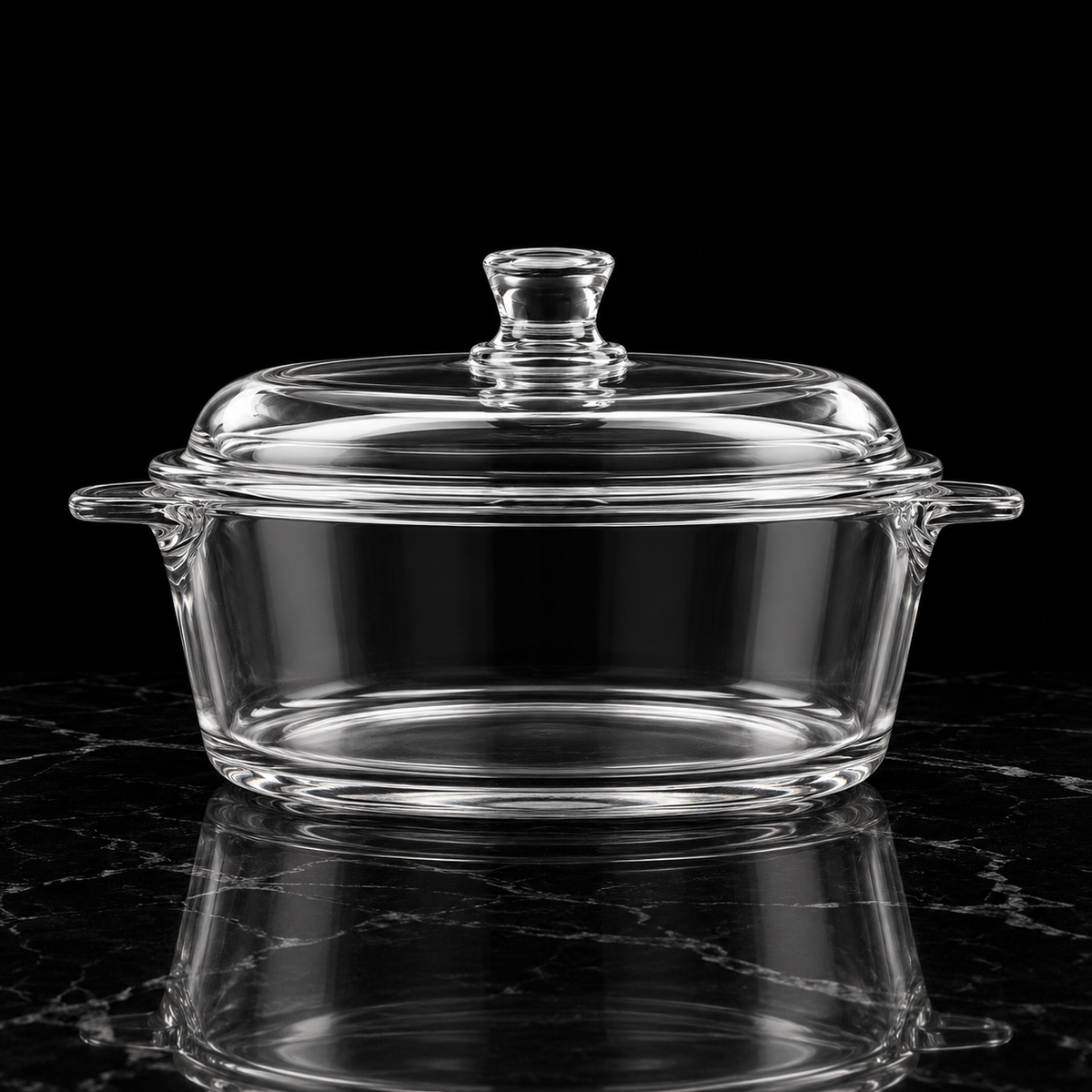 Glass casserole with lid on black marble