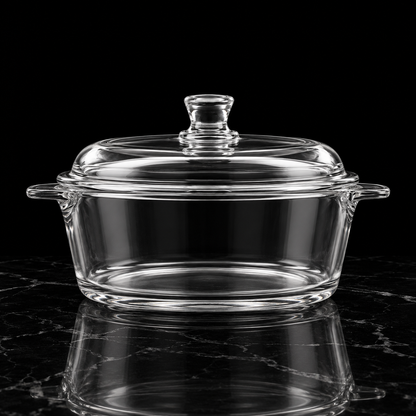 Glass casserole with lid on black marble
