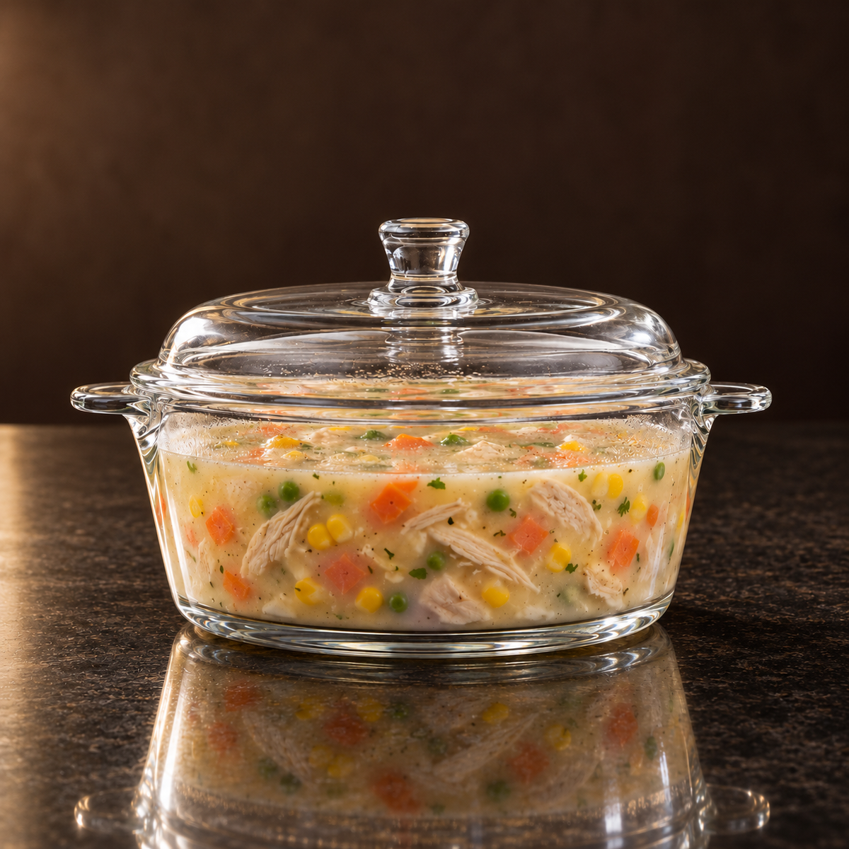 Glass casserole with chicken vegetable soup on a dining table