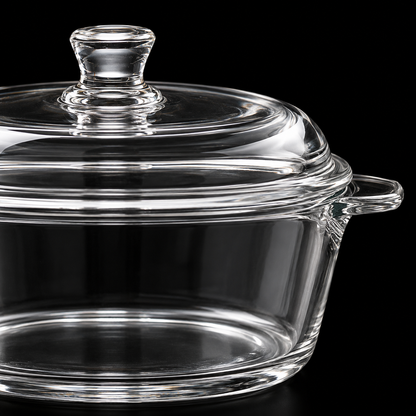 Close-up of glass casserole lid knob and handle