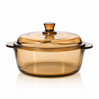 Amber tempered glass casserole with lid on white