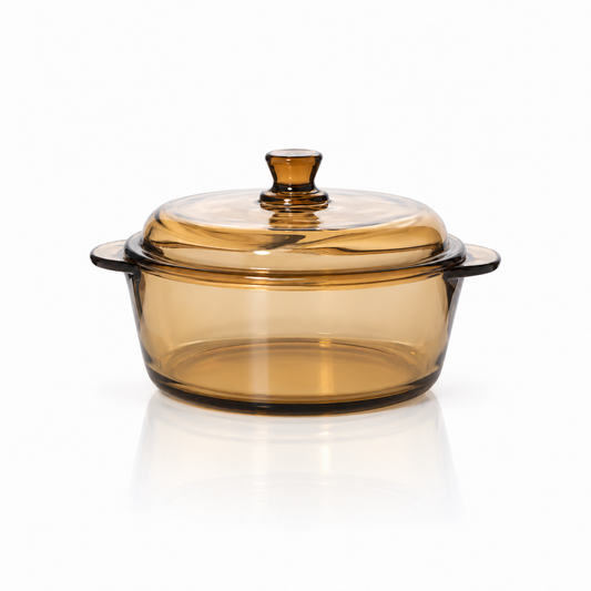 Amber tempered glass casserole with lid on white