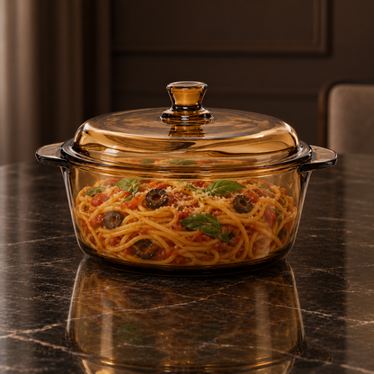Amber glass casserole with spaghetti on a dining table