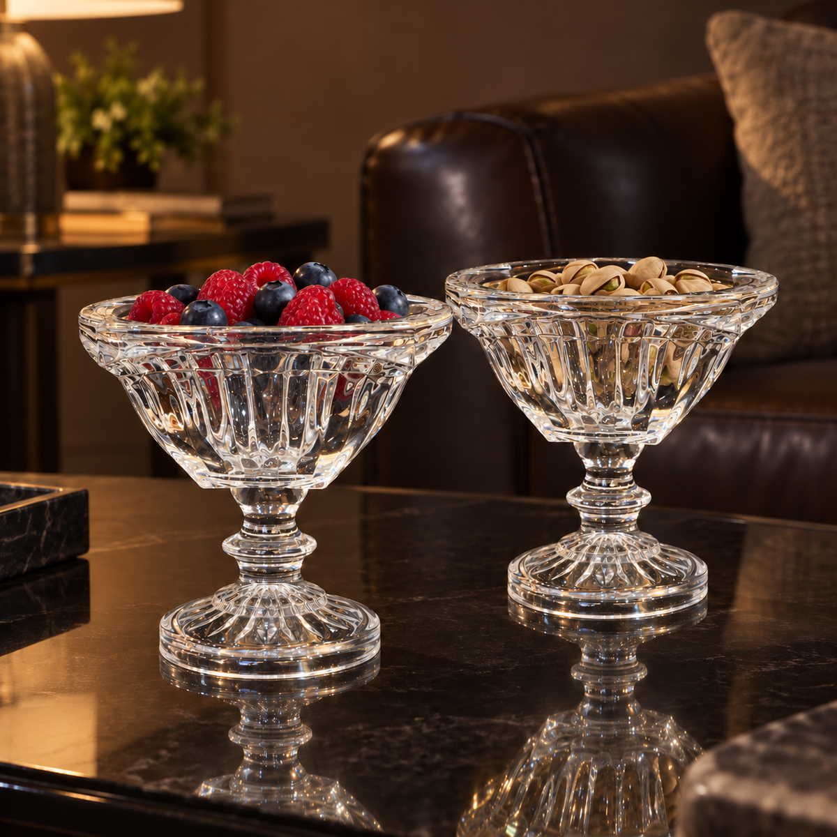 Crystal footed bowls with berries and pistachios