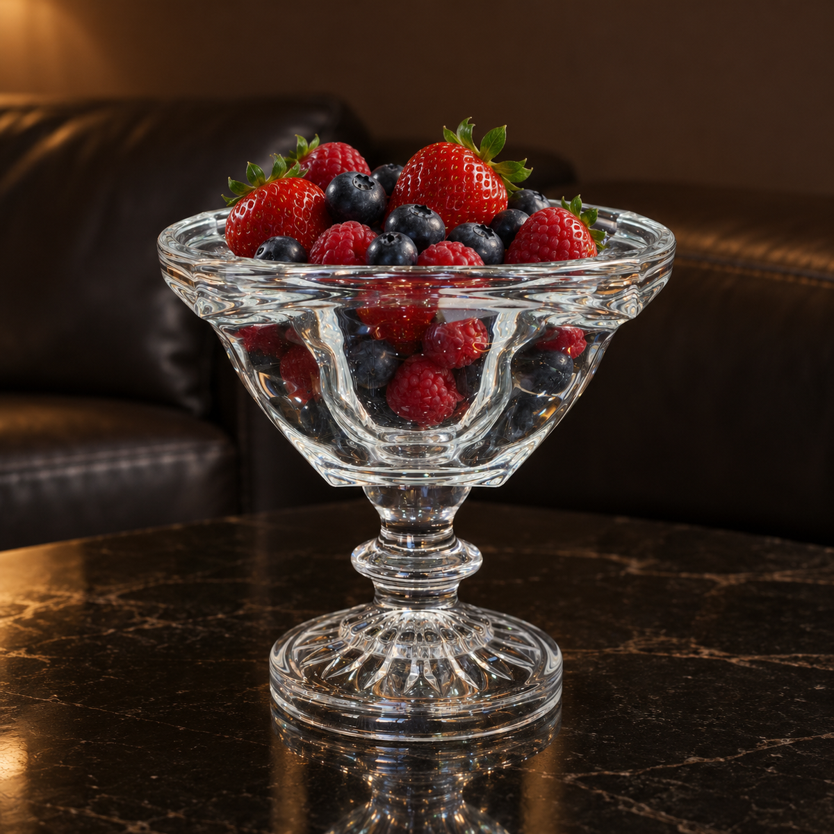 Crystal footed bowl with fresh berries in a living room