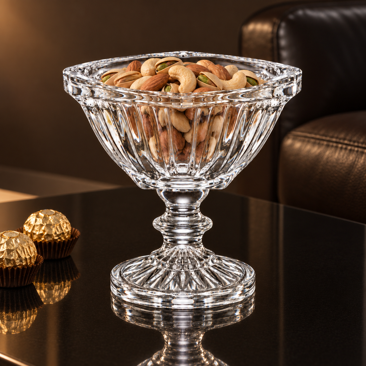 Crystal footed bowl with mixed nuts on a black table