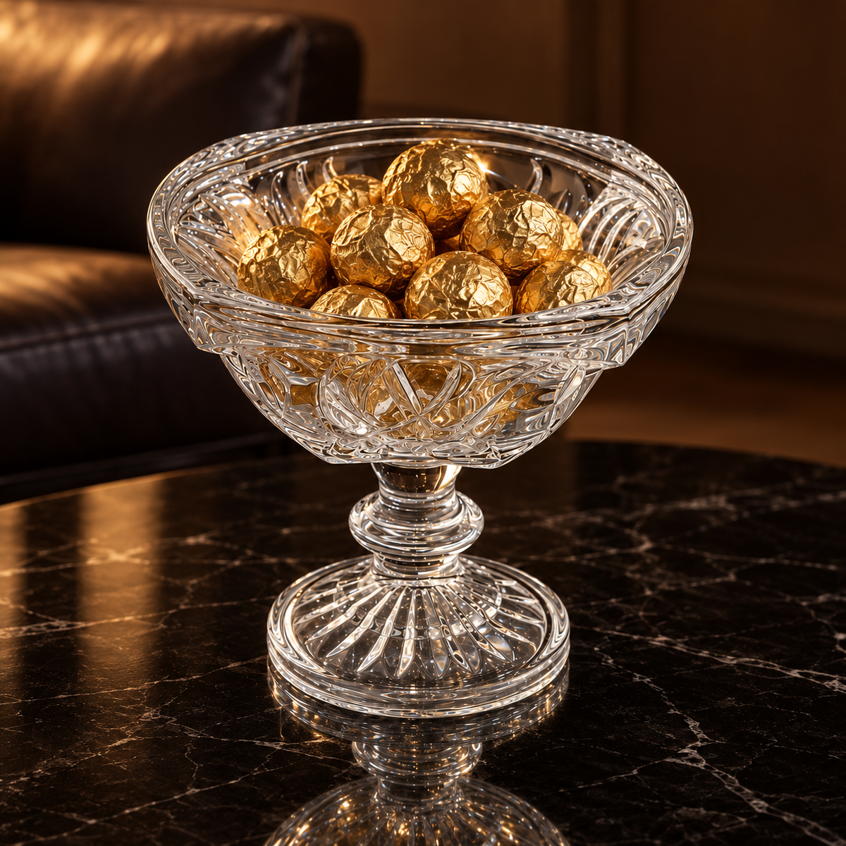 Crystal footed bowl with gold-wrapped chocolates in a living room