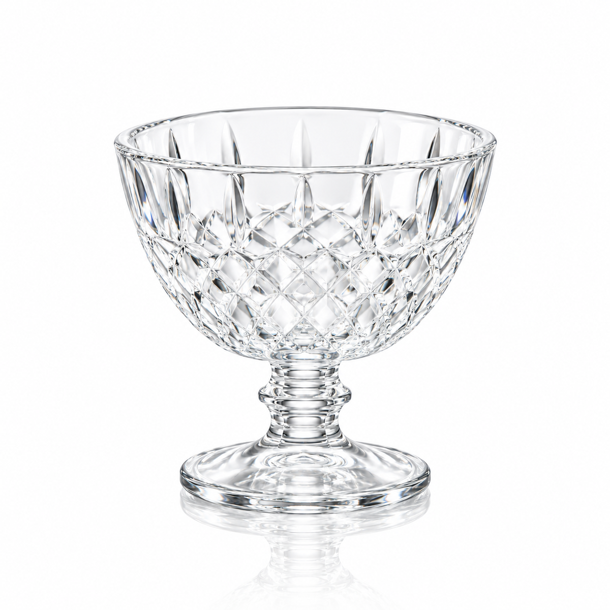Set of 6 diamond-cut glass footed ice cream bowls on white marble