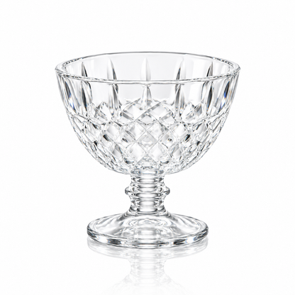 Set of 6 diamond-cut glass footed ice cream bowls on white marble