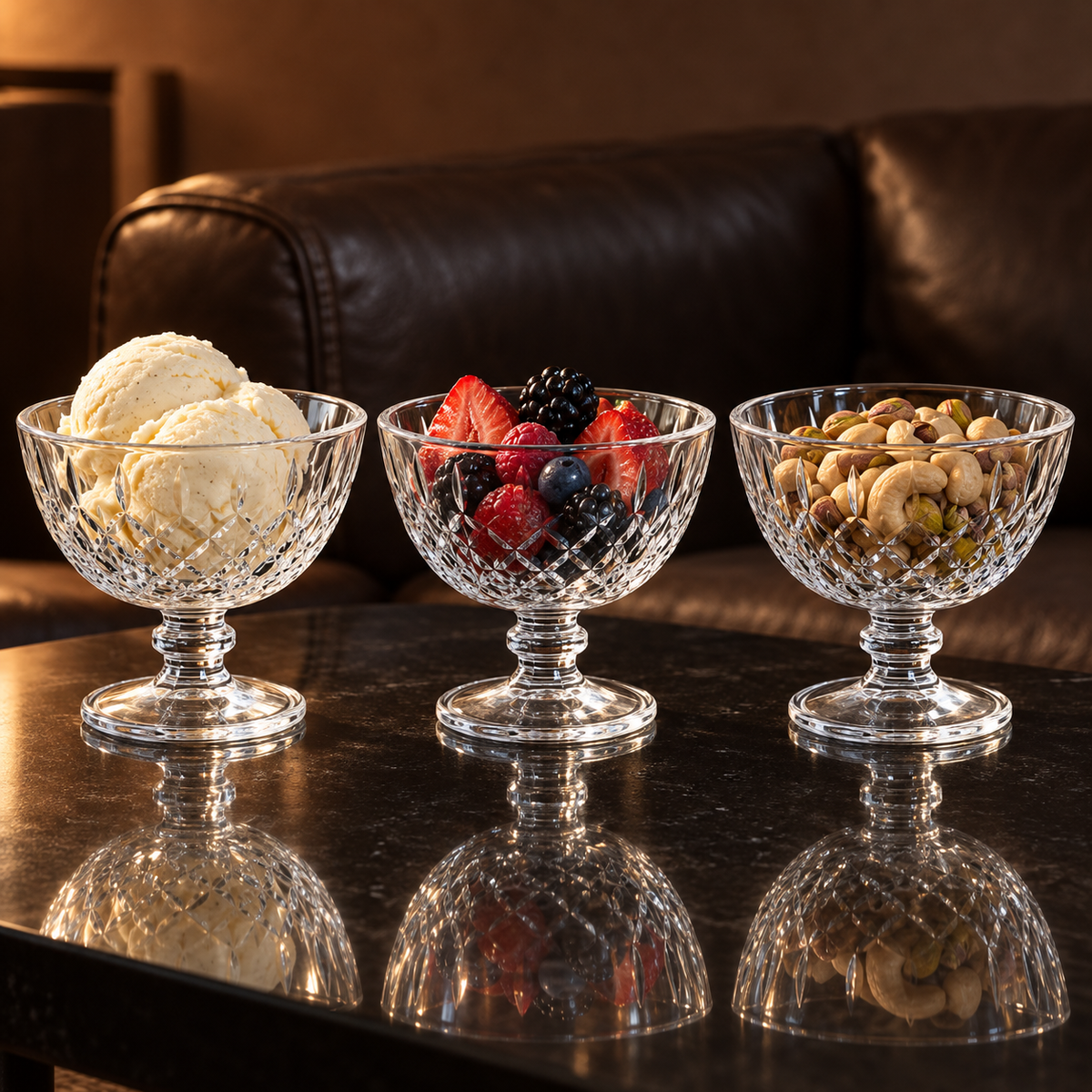 Glass dessert bowls with ice cream, berries and nuts in a living room