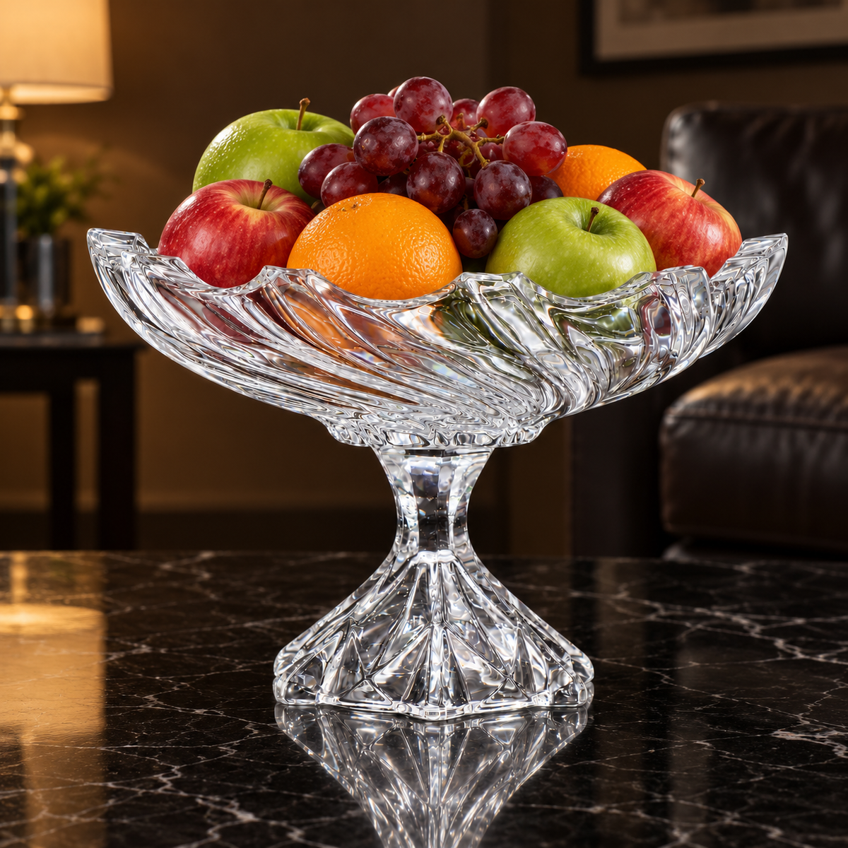 Swirl crystal fruit bowl with apples, oranges and grapes