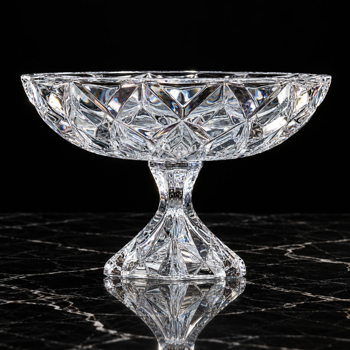Crystal footed fruit bowl on black marble