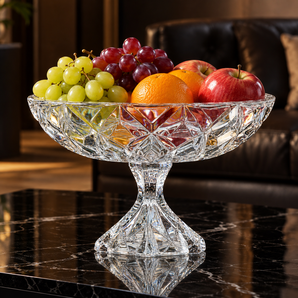 Crystal footed fruit bowl in a living room