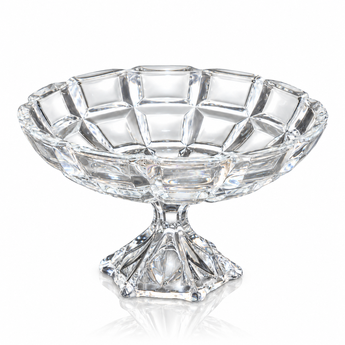 Crystal footed fruit bowl with square panel cuts on white