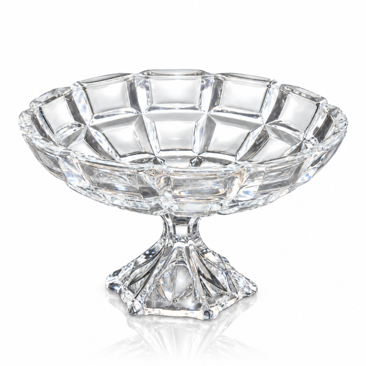 Crystal footed fruit bowl with square panel cuts on white
