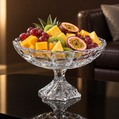 Crystal fruit bowl with tropical fruit on a black table