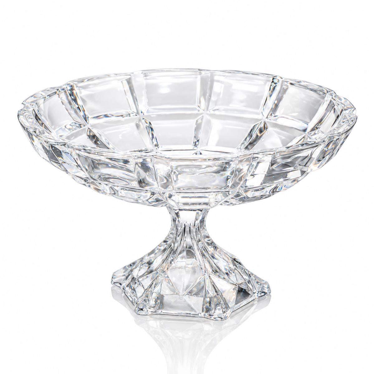 Large crystal footed fruit bowl with square panel cuts on white