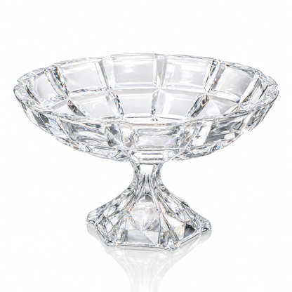 Large crystal footed fruit bowl with square panel cuts on white
