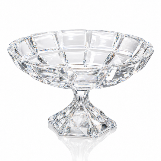 Large crystal footed fruit bowl with square panel cuts on white