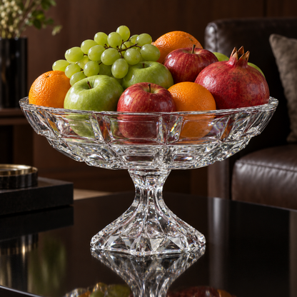 Crystal fruit bowl filled with apples, oranges, grapes and pomegranate