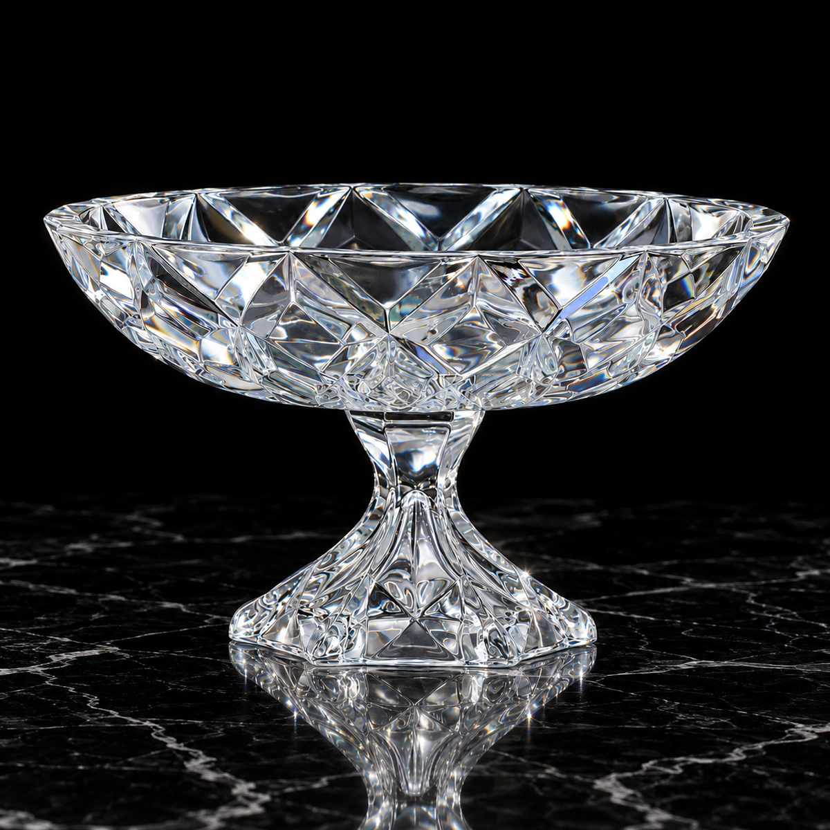 Crystal footed fruit bowl on black marble