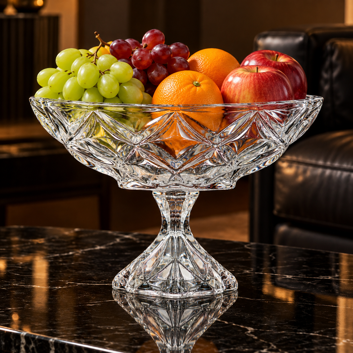 Crystal footed fruit bowl in a living room