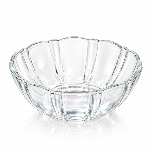 Fluted clear glass mini bowl with scalloped rim on white